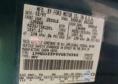 1997 Ford Explorer Eddie Bauer/Limited/Xlt z USA, uszkodzony, nr VIN 1FMDU35P0VUB74580